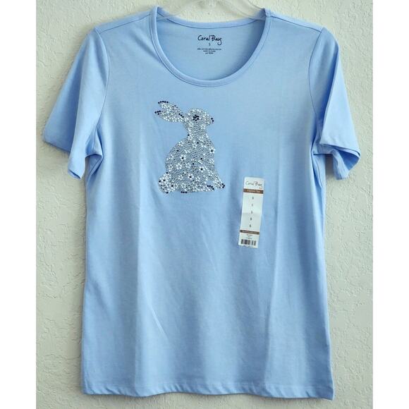 TOP/BLOUSE-CORAL BAY-Light Blue-Rabbit-Faux Pearls-Rhinestones-Size Small - Picture 7 of 16